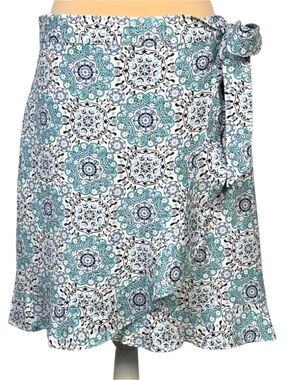 NWT LOFT Floral Medallion Wrap Skirt Sz 8 Blue Teal White Ruffle Hem Linen Blend